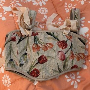 Floral Tapestry Corset Top with Ribbon Straps